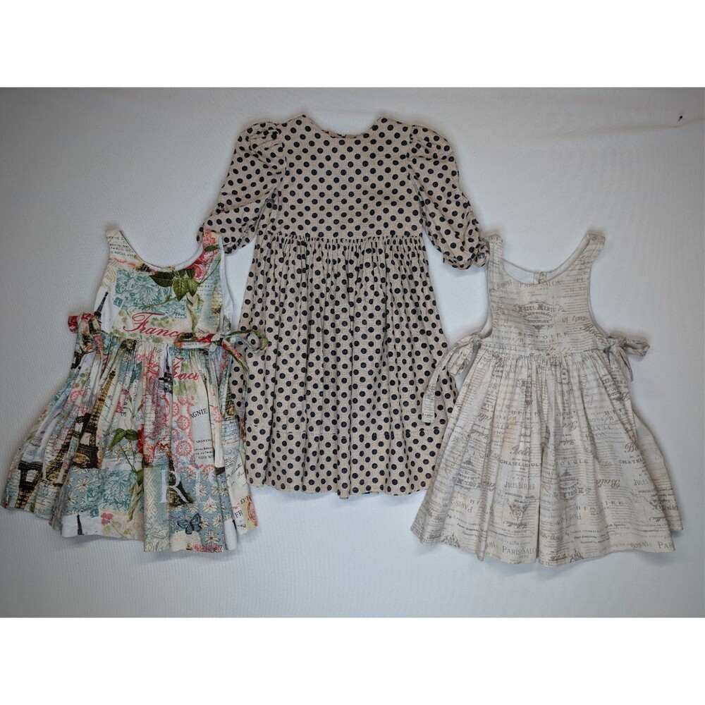 Handmade Girls Paris Eiffel Tower 3pc Dress Polka Dot + 2 Aprons Size 5-6